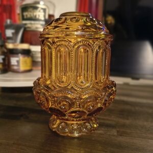 Amber Pressed Glass Covered Candy Dish